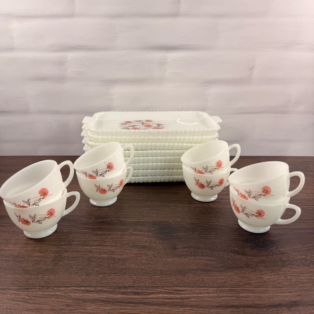 Fire-King Fleurette Milk Glass Snack Set 8 Trays Cups Pink Floral - Picture 5 of 11